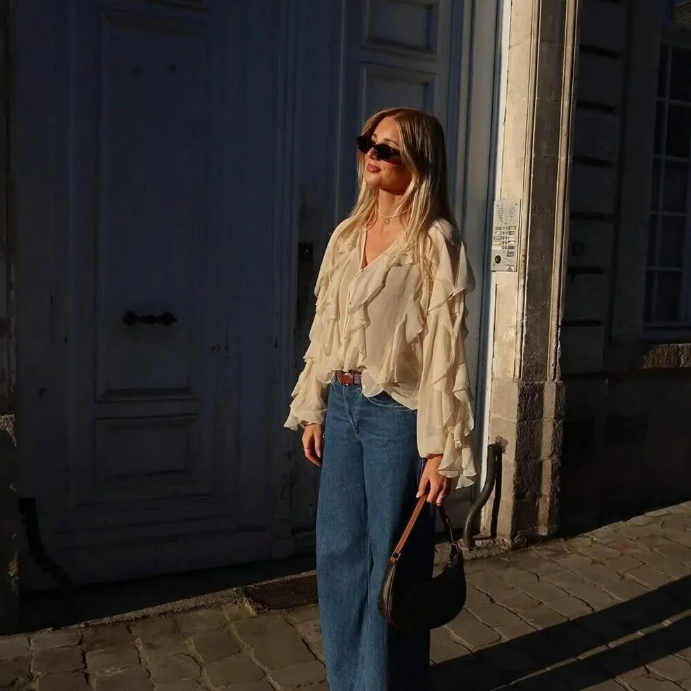 Tan Casual Women's Ruffle Trim Lantern Blouse Shirt - Picture 8 of 10